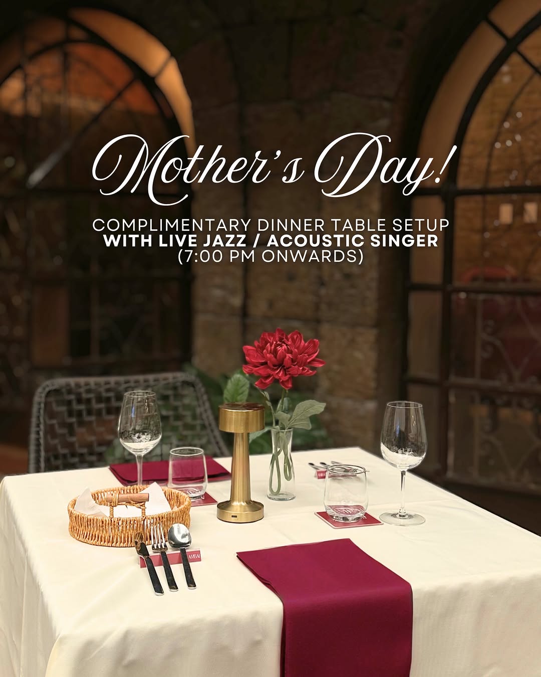 AMBAI intimate dining setup with stone arches